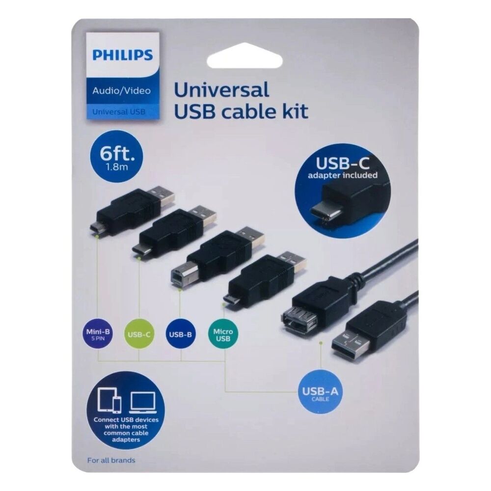 USB-C Cable 6ft Fast Charge Philips Universal Kit Black Durable NEW SEALED